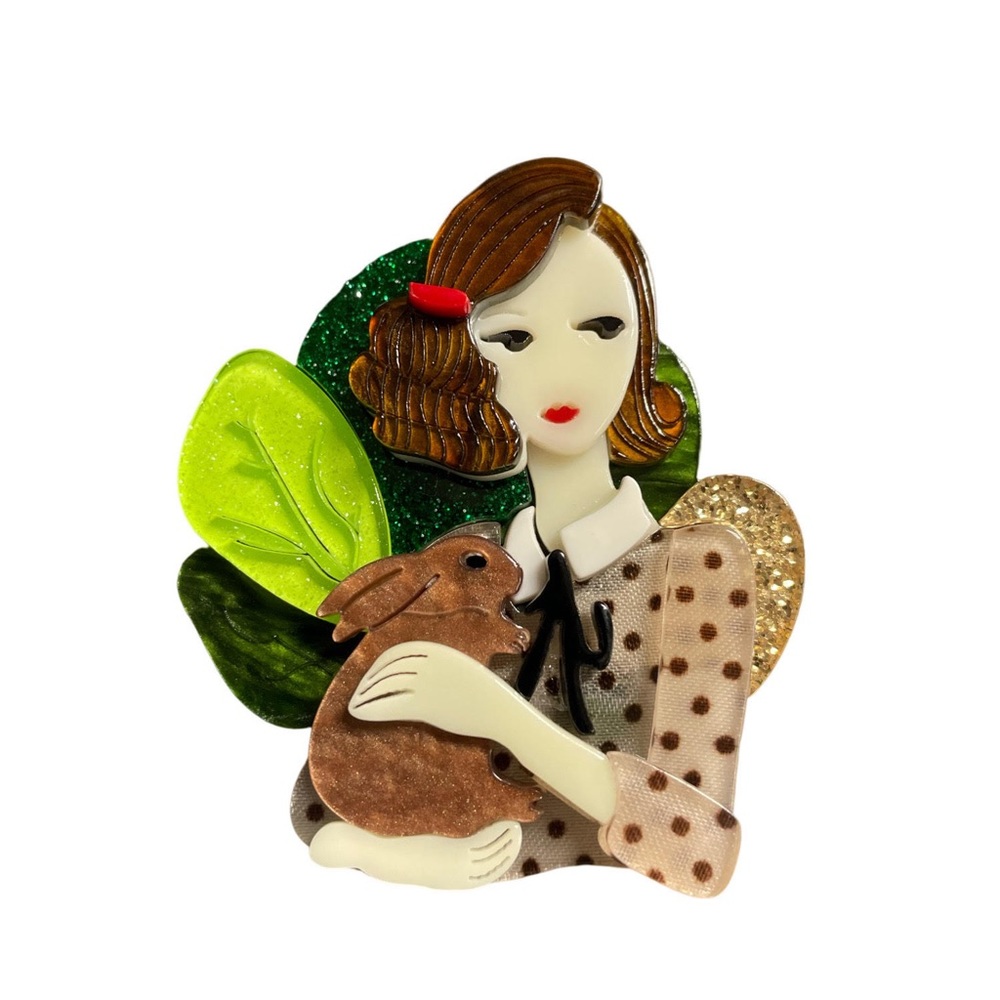 New Fashion Brooch/Pin 3D Layered Acrylic 40’s Style Pin-up Lady Holding Rabbit